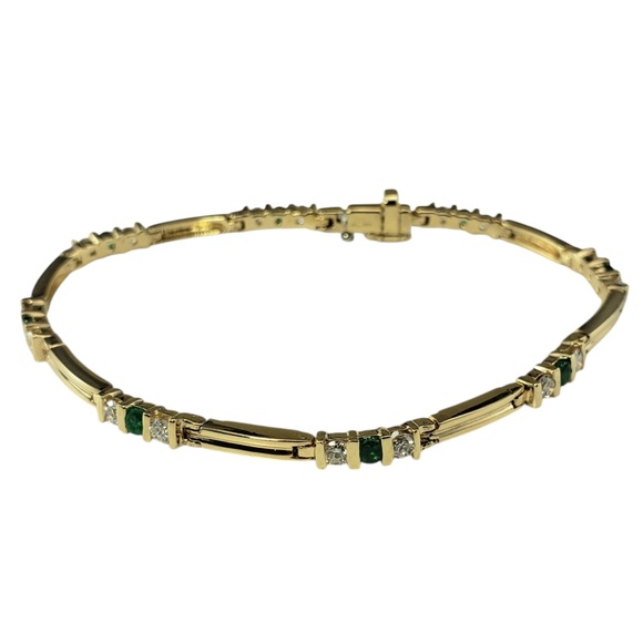 14K Yellow Gold Natural Emerald and Diamond Link Bracelet  #21216 - Picture 2 of 10